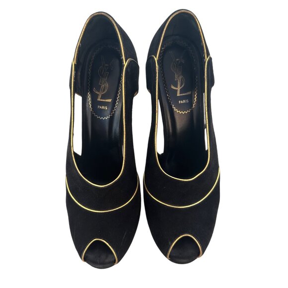 RARE Vintage YSL Palais Black Suede Cutout Platform Heels | Yves Saint Laurent - Picture 1 of 6